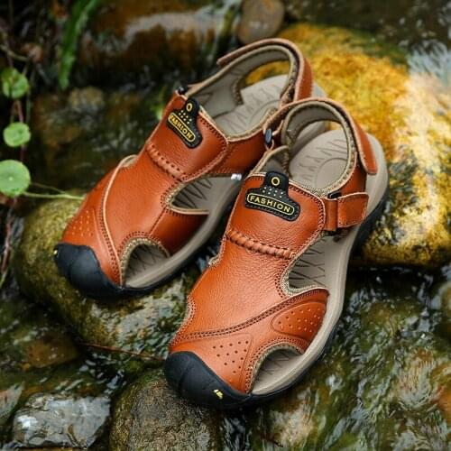 Hiking sandals men waterproof mens shoes large sizes leather closed toe summer genuine outdoor sport walking handmade slippers