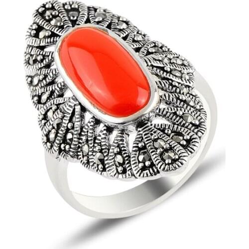 Silver 925 Sterling Coral & Marcasite Ring