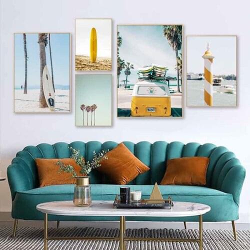 Nordic Ocean Landscape Canvas Poster Yellow Bus Skateboard Beach Palm Tree Wall Art Print Painting Scandinavian Style Home Decor