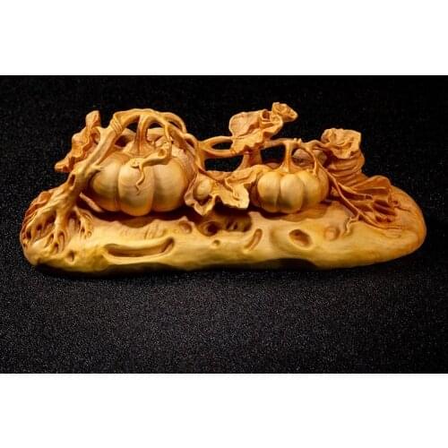 Boxwood 17cm Pumpkin Sculpture Wood Vegetables Rich Statue Bumper Harvest Home Decor