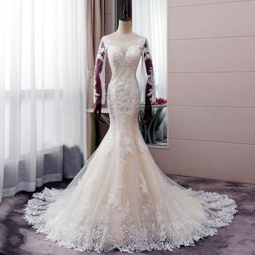 O-neck Open Back Long Sleeve Pearls Appliques Flowers Mermaid Wedding Dresses Real Photos Robe De Mariée Sirène