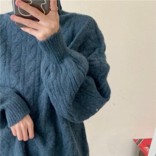 2021 Autumn Winter New High-neck Twist Sweater Womens Gentle Loose Outerwear Lazy Wind Pullover Sweater Coat