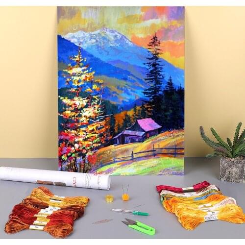 Landscape Evening In The Mountains Printed Fabric 11CT Cross Stitch Embroidery Full Kit DMC Threads Handmade Different