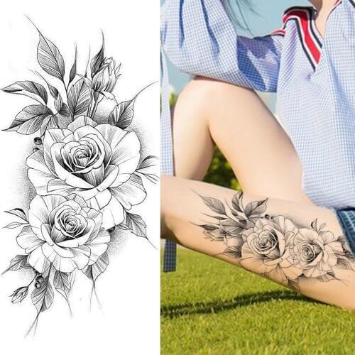 Black Flower Temporary Tattoos Sticker Fake Pencil Sketch Rose Tatoos Waterproof Womens Fashion Body Art Legs Tatoo For Holiday
