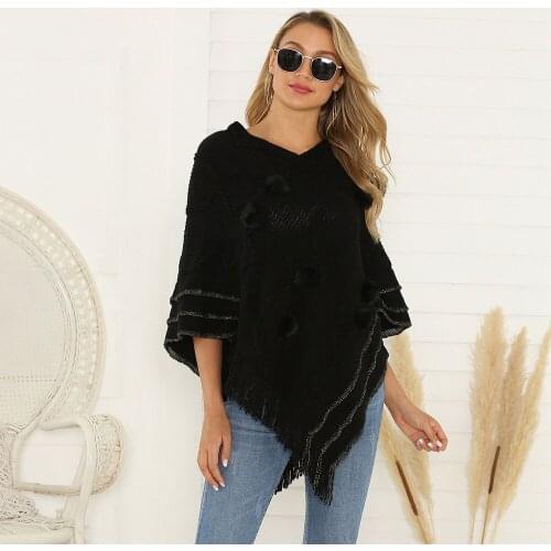 Womens Autumn Knit Tops Fashion V Neck Hair Ball Casual Loose Tassel Bat Sleeve Knit Pullover Black And White Woman Sweater