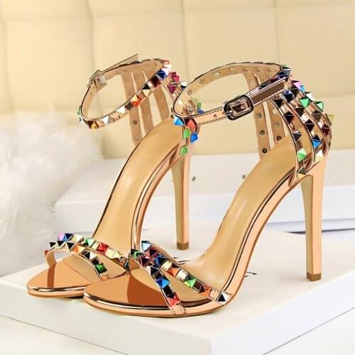 LNDASLY 2021 Women 11cm High Heels Rivets Studded Lady Sandles Stiletto Gladiator Pumps Stripper Summer Fetish Platform Shoes