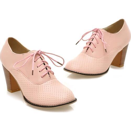 PQECFS Big size 33-43 high quality spring & autumn fashion women solid sweet lace-up oxfords shoes 4 colors
