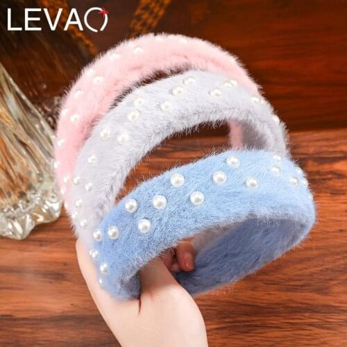 LEVAO Full Encirclement Solid Color Plush Women Hair Hoop Lmitation Pearls Fashion Headband Accessories For Womens Tiaras