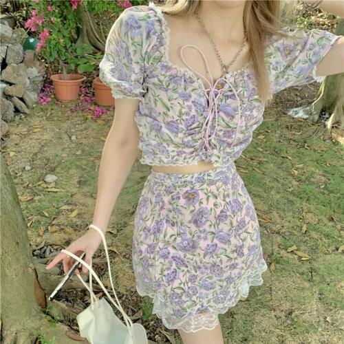 Summer Women Fashion Temperament Casual Two Piece Set 2021 New Ladies Sweet Short Puff Sleeve Tops + High Waist Slit Skirt Suits