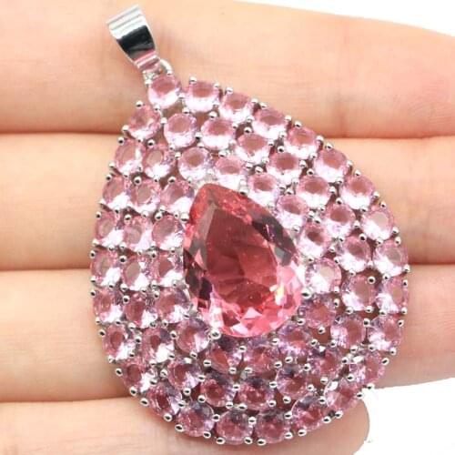 53x37mm New Statement Big Drop Gemstone for Women Silver Pendant Created Pink Morganite Eye Catching Daily Wear