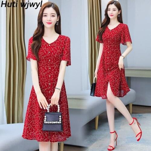 2021 Chiffon Floral Boho Beach Sundress Plus Size Summer Print Vintage red Runway Midi DressElegant Women Bodycon Party Vestidos