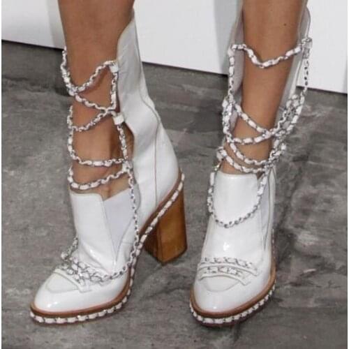 White Chain Ankle Boots For Women Chunky High Heel Ridding Boots High Quality Leather Round Toe Runway Boots Real Photo