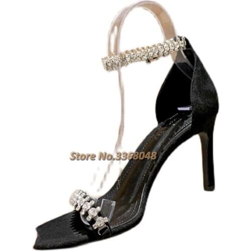 Crystal Thin High Heel Sandals Round Toe Ankle Strap Shiny Dress Shoes Summer Rhinestone Dress Ladies Shoes