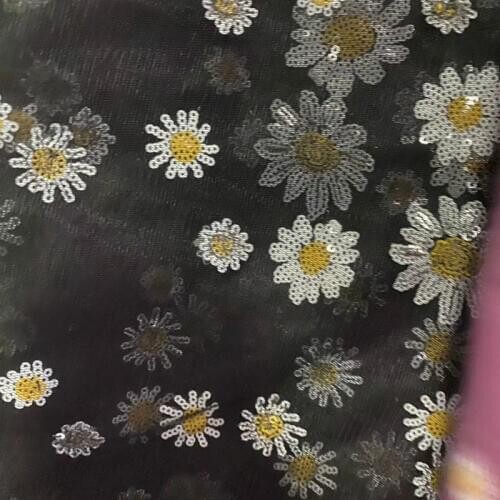 Black Soft Glitter Sequins Small Daisy Flower Mesh Tulle Fabric for Dress Shirts by the Yard, White, Red, Pink, Blue and Yellow