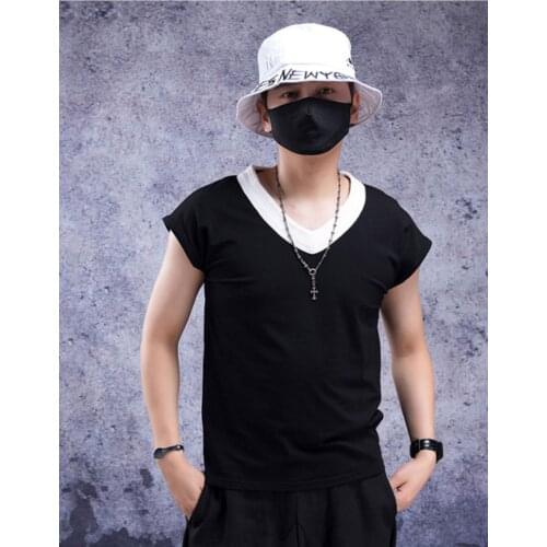 Sleeveless T-shirt mens hip-hop V-neck shirt personality Hong Kong style leisure summer wear high street style dark