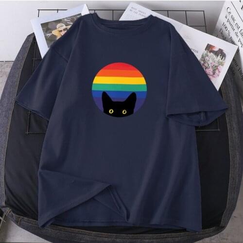 Cute Cats Rainbow T-shirts Woman Summer O-neck 2021 New Lady Clothing High Quality Fashion Tees Streetwear K-pop Female Tops