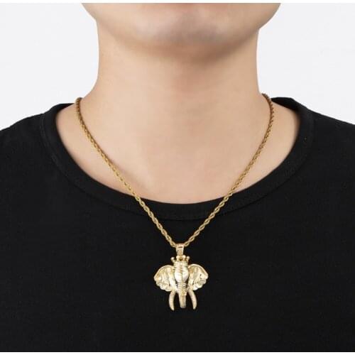 Ice Out Cubic AAA+ Zircon Elephant Pendant Necklace with Rope Chain Hip Hop Gold Silver Color Charm Gift Jewelry for Men Women