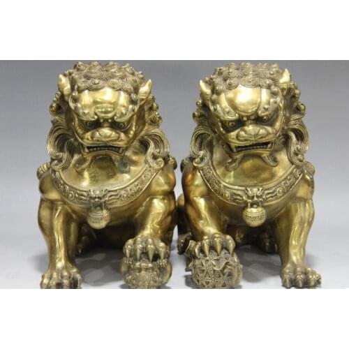 Chinese Royal Feng Shui Copper Brass Evil Door Guardian Fu Foo Dogs Lion Pair