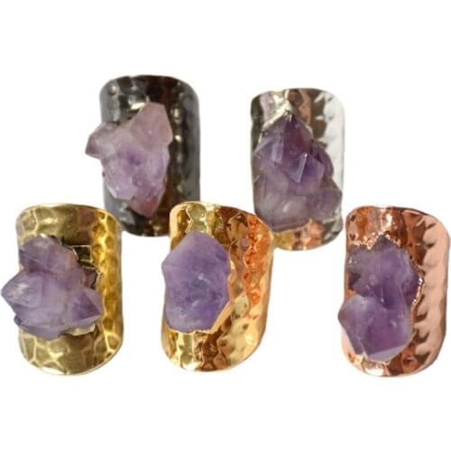 Multi colors Plated Fancy Natural Raw Amethysts poit Flower Druzy Engagement Statement Rings copper gold black rose gold silvers