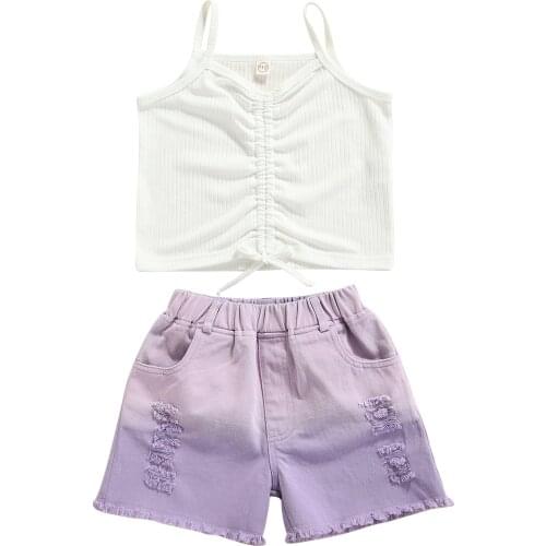 Citgeett Summer Kids Baby Girls Suit Set Solid U-Neck White Vest + Denim Ripped Shorts 18Months- 6Years