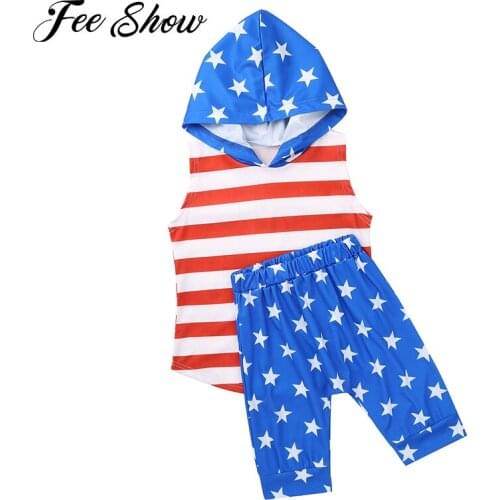 2Pcs Kids Boys Summer Suit Stripes and Stars Print Hooded Hoodie Sleeveless Tops and Shorts Set for Sport Exercise Casual Wear