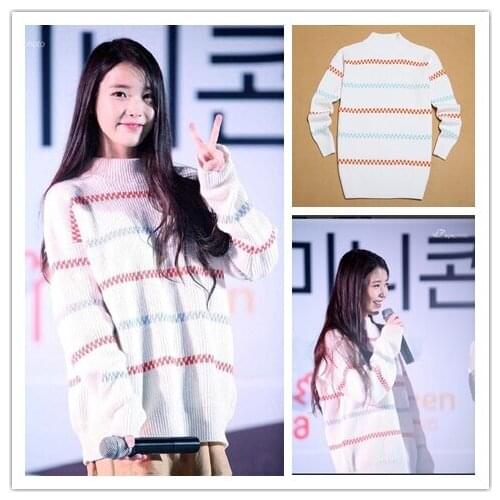 KPOP IU Lee Ji Eun winter new casual Color knitted sweater high neck loose pullover sweater women Streetwear loose warm sweaters