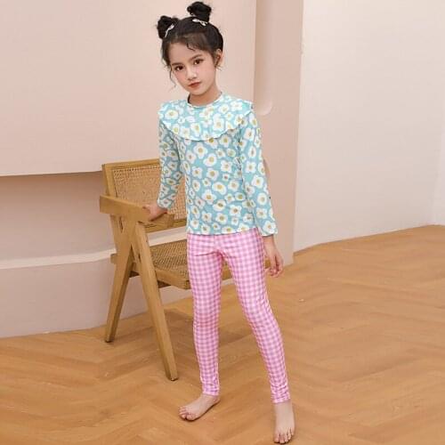 2021 Summer New Floral Long Sleeve Trousers Two Piece Set Girl Swimwear Sweet Baby Girl Swimsuit Quick Dry Surfing Diving Suit
