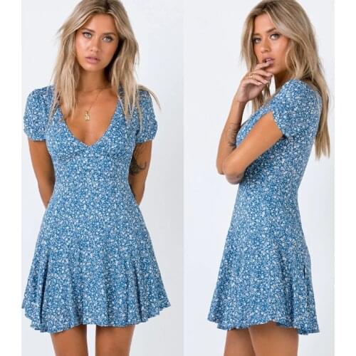 Summer womens new European and American styleVCollar printed dressJ286