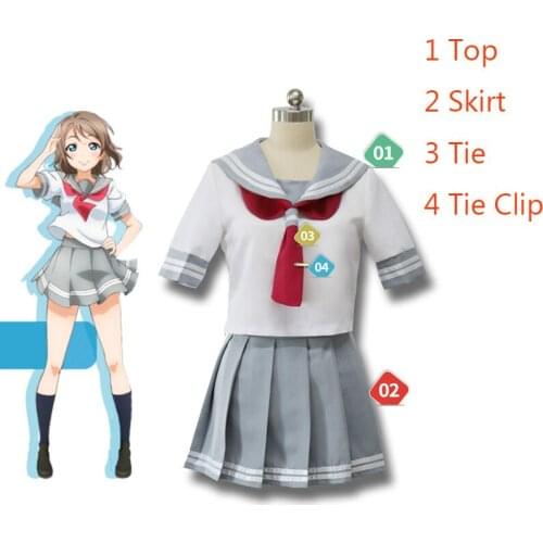 Watanabe You Skirt Set LoveLive!Sunshine!! Aqours School Girl Cosplay Lolita Kawaii Sailor Dress Sweet Suit Costume Watanabe Wig
