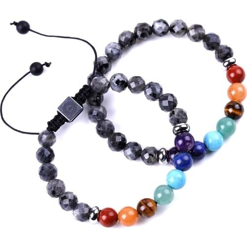 Fashion Adjustable Black Spectrolite Faceted Bead Braided 7 Chakra Bracelet Reiki Healing Crystal Yoga Bracelets Women Jewelry