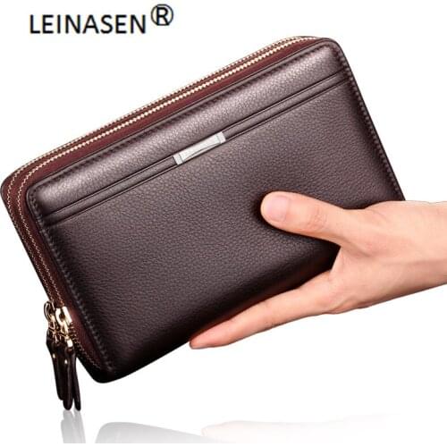 LEINASEN Brand Mens Clutch Bag Double Zipper Large Capacity Long Wallet Mens Leather Coin Purse