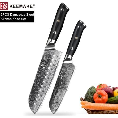KEEMAKE 7''/5'' Santoku Knife Damascus Japanese VG10 Steel Blade G10 Handle Sharp Meat Fruit Cutter Tool 2PCS Kitchen Knives Set