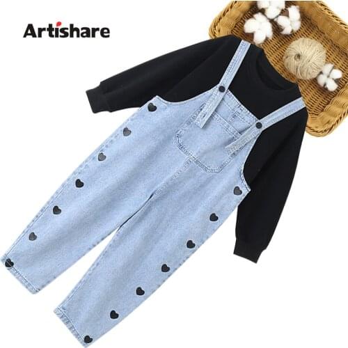 Girls Clothes Tshirt + Denim Jumpsuit Girls Outfits Spring Autumn Clothes For Girls Casual Style Childrens Tracksuit 6 8 10 12