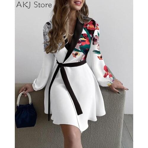 Women Elegant Floral Print V-Neck Colorblock Tied Detail Short Sleeve A-Line Dress Work Dress
