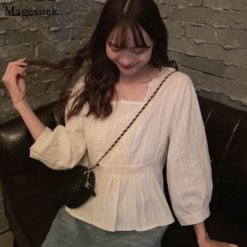 2020 Summer Square Collar Nine Quarter Sleeve Casual Cotton Blouse Women Slim Lantern Sleeve Top Vintage Lace Ladies' Tops 9697