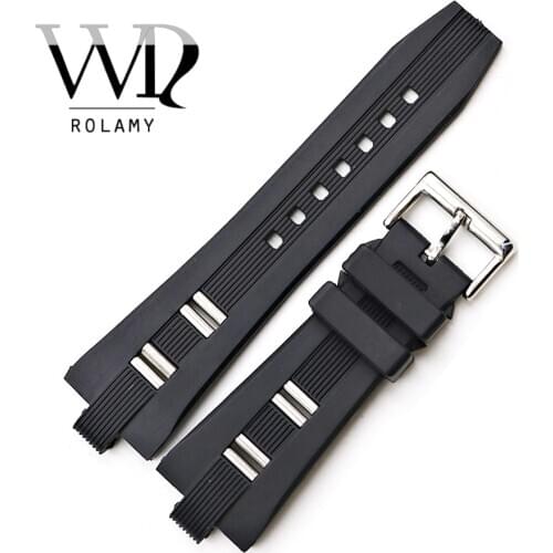 Rolamy 26x9mm Watch Band Strap Silicone Rubber High Quality Waterproof Black Replacement Watchband Watch Strap Belt For Bvlgari