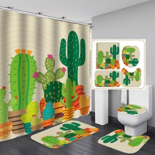 Cartoon Plant Cactus Shower Curtain Cute Kids Ins Style With Non Slip Rug Mat Bathroom Curtain Waterproof Polyester Home Decor