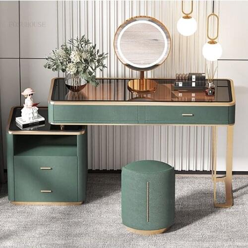 Nordic Brown Tempered Glass Dressers Bedroom Furniture Solid Wood Drawer Dresser LED Light Mirror Transparent Dressing Table
