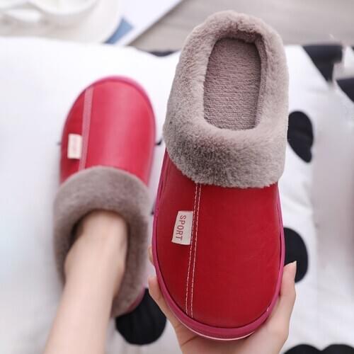 Womens shoes Indoor Slippers Non-slip Winter Ladies leather slippers Antifouling Family Couple Home Short Plush Warm shoes