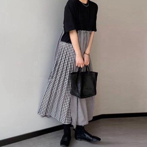 Vintage Plaid Patchwork Dress Fake Two-piece Female Korean Japan Design Niche Irregular Gentle Wind Big Swing Long maxi Dresses