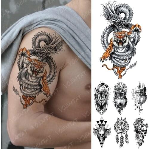Waterproof Temporary Tattoo Sticker Dragon Tiger Geometry Wolf Flash Tattoos Heart Skull Body Art Arm Fake Tatoo Women Men