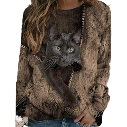 2021 Kawaii Black Cat Zipper Print Women Blouse Tee BA Casual Crew Neck Long Sleeve Lady Plus Size Loose Aesthetic Pullover Tops