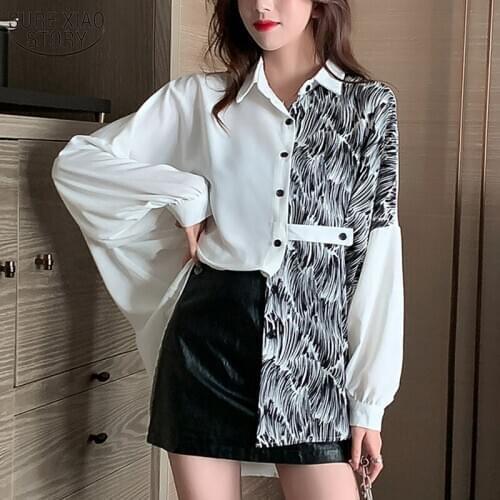 Blouse Women 2021 Printed White Loose Single-breasted Shirt Korean Clothing Bat Long Sleeve Womans Shirts Long Cardigan 11006