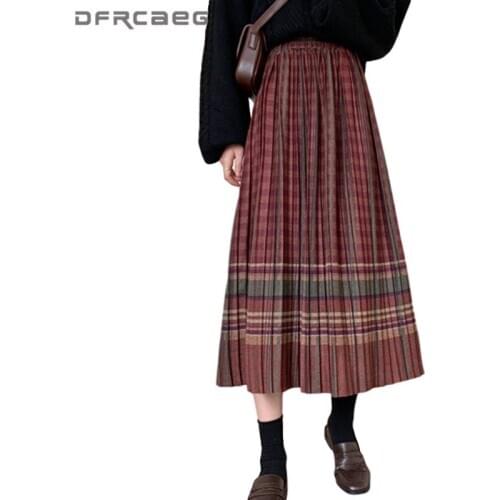 Vintage Plaid Warm Woollen Pleated Skirt For Women 2020 High Waist Autumn Winter Retro Wool Long Skirts Casual Saias Female
