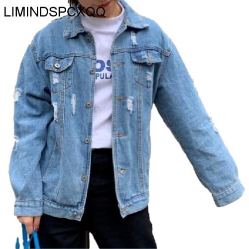 Ladies Fashion Denim Jackets 2021 Casual Frayed Long Sleeve Loose Jean Coats Clothing Blue Womens Cazadora Vaquera Mujer Autumn
