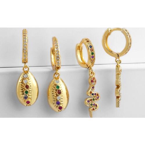 Special Design Gold CZ Snake Dangle Earrings for Women Bohemia Seashell Conch Huggie Statement Charm Earrings India Jewelry