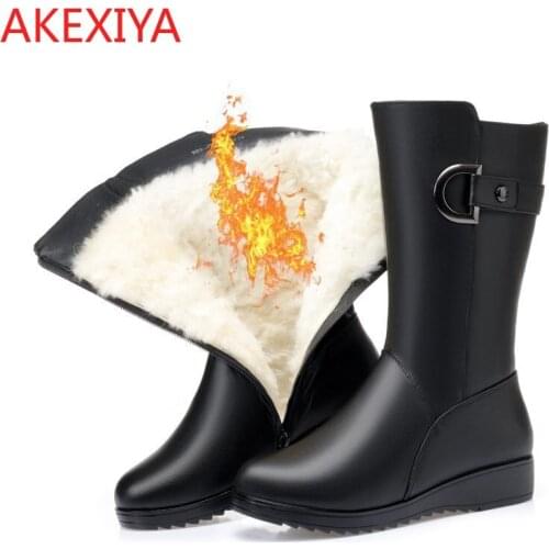 Women Winter Boots PU Leather Female boots high-heeled women long boots wool lined warm snow boots Lady Fashion shoes