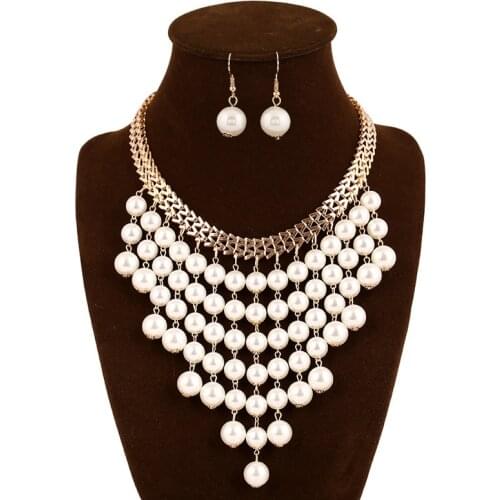 Fashion Wild Jewelry Gold Filled Womens Temperament Multilayer Tassel Pearl Necklace Earrings Set Jewelry
