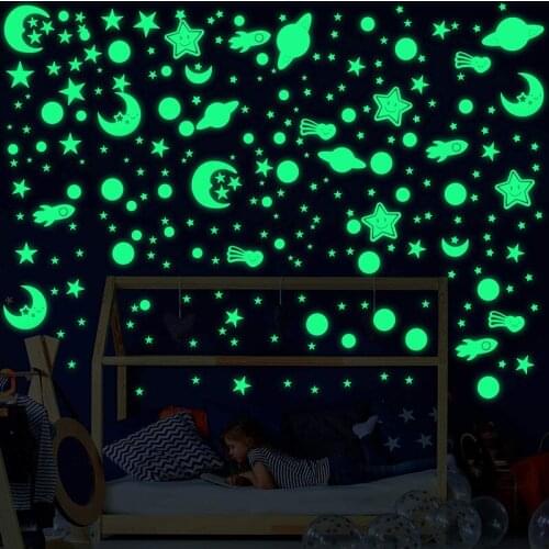 1sheets Luminous Moon And Star Wall Stickers 3D Rocket Planet Fluorescence Sticker For Home Kids Bedroom Ceiling Wall Art Decals