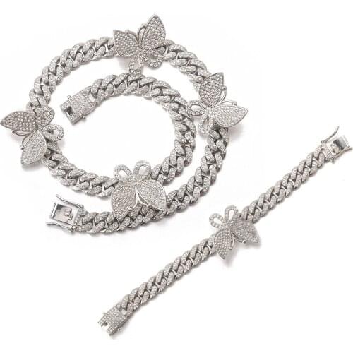 12MM Hip Hop Iced Out Paved Rhinestones Full Miami Curb Butterfly Cuban CZ Bling Necklace Bracelet For Women Jewelry